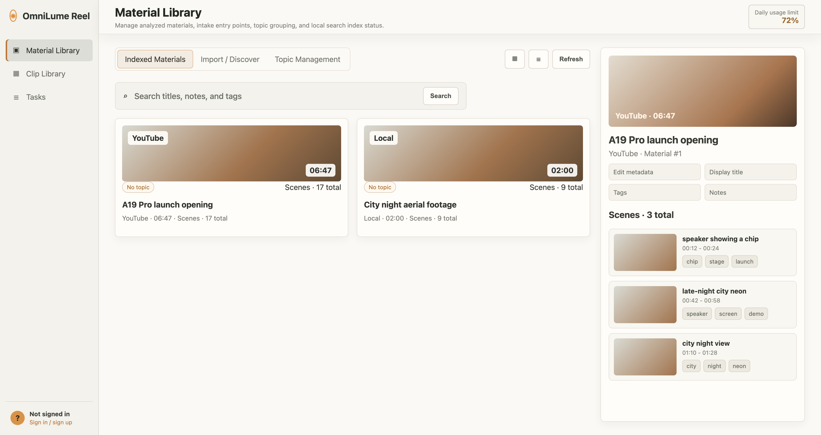 Material detail scene list
